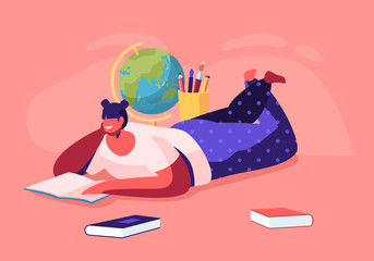 Education Concept, Girl Lying on Floor Reading Book with School Stationery around, College or University Student, Back to School, Female Character Gaining Knowledge, Cartoon Flat Vector Illustration