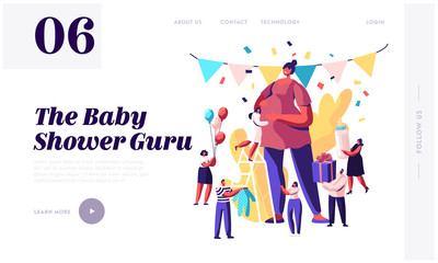Baby Shower Event Website Landing Page, Tiny Characters Stand around Huge Pregnant Woman in Decorated Room with Presents, Baby Birthday Party Web Page. Cartoon Flat Vector Illustration, Banner