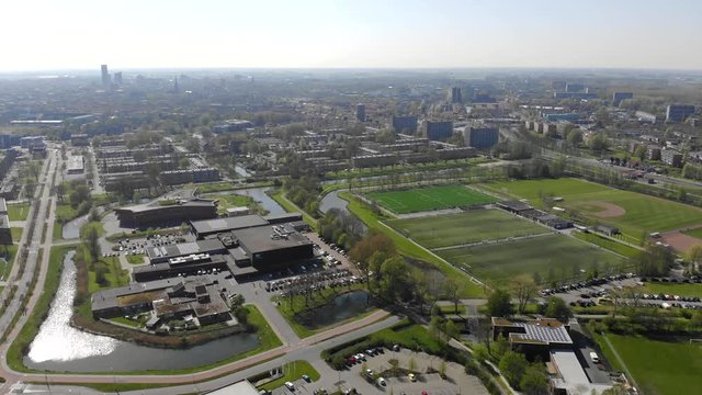 Flying over the town of leeuwarden. City view from drone