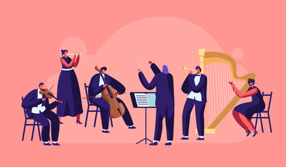 Symphony Orchestra Playing Classical Music Concert, Conductor and Musicians with Instruments Performing on Stage with Violin, Flute, Cello, Trumpet, Harp Performance. Cartoon Flat Vector Illustration © Pavlo Syvak