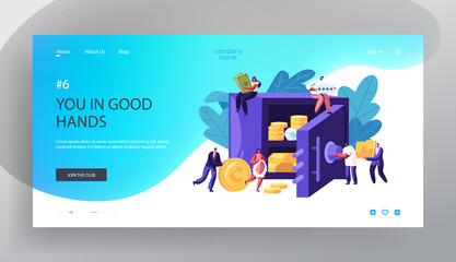 Obraz na płótnie Canvas Money Safety Website Landing Page, Web Page, People around of Bank Safe Full of Golden Coins and Jewelry, Men and Women Characters Holding Bills and Password, Cartoon Flat Vector Illustration, Banner