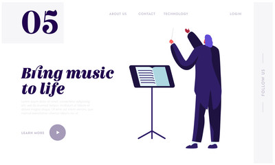 Conductor Wearing Tuxedo Holding Stick at Music Stand, Symphony Orchestra Classical Music Concert Performing on Stage, Theater Website Landing Page, Web Page. Cartoon Flat Vector Illustration, Banner © Pavlo Syvak