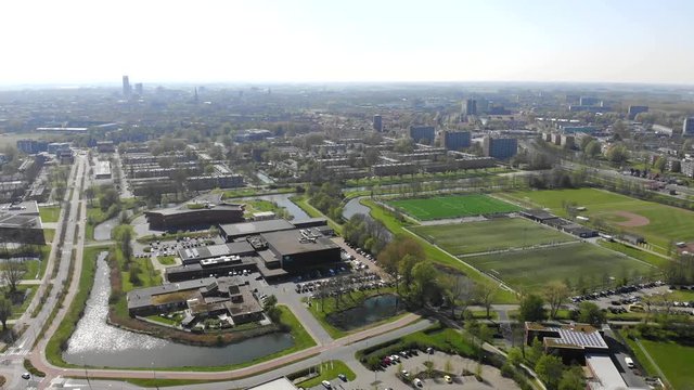 Flying over the town of leeuwarden. City view from drone