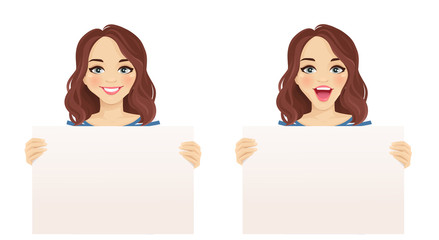 Beautiful smiling excited woman holding empty blank board isolated vector illustration