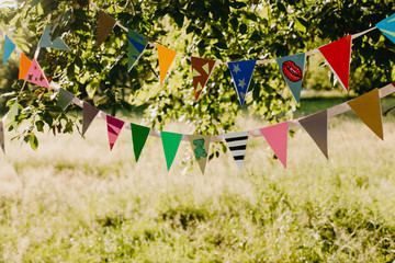 Festive flags hang on a tree.