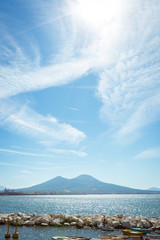 Naples, Campania, Italy. View of the bay, sea and Mount Vesuvius Volcano as a background