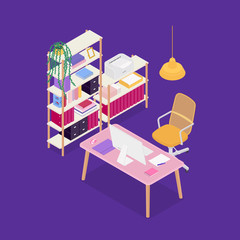 Isometric home office in purple. Vector illustration in flat design.