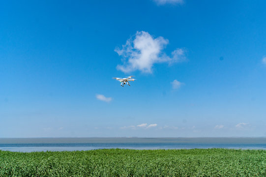 drone flies over a field in the sky
