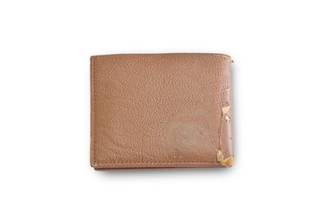 Old brown wallet isolated on white background.