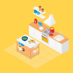 Colorful warm isometric kitchen in yellow. Vector illustration in flat design, isolated.