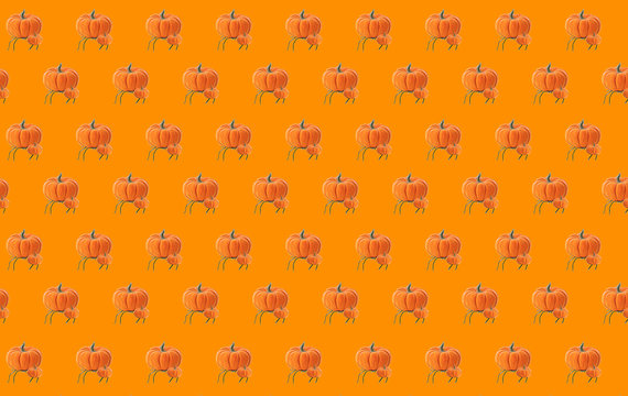 Pattern or background for the holiday Halloween with orange color. Pattern from photos of isolated pumpkins (with used oil paint filter) and painted spider