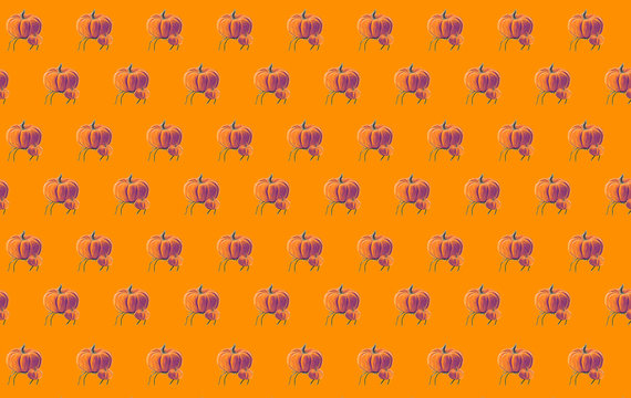 Pattern or background for the holiday Halloween with orange color. Pattern from photos of isolated pumpkins (with used oil paint filter) and painted spider
