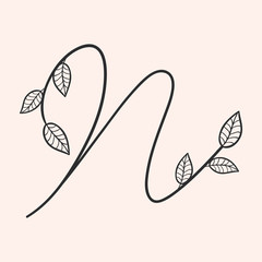 Calligraphy alphabet. Decorative handwritten font. Vector letter N decorated with leaves, florals. Wedding calligraphy. ABC for your design. Floral lettering. Monogram, Logo Branding