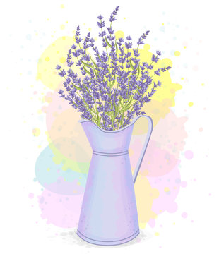 Watercolor tin pitcher with lavender