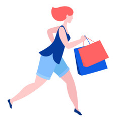 Woman running with purchase buy paper bags . Summer sale discount black friday start .