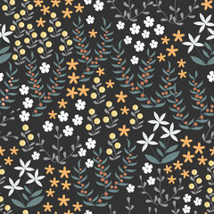 Vector floral seamless pattern with abstract flat doodle elements such as plants, flowers, berries and grass. Forest nature background