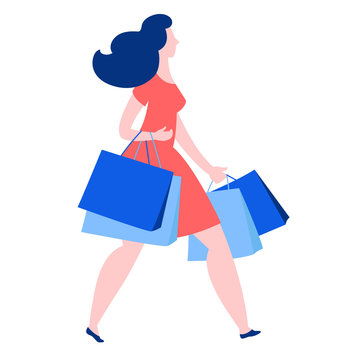 recommend clip art: Woman walking with purchase buy paper bags . Summer sale discount black friday start .