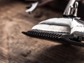 barber tools. vintage clipper straight razor. hairbrush.