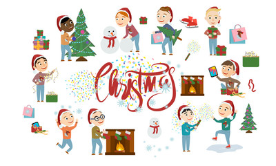 Christmas set. Boys with Santa's hats celebrate the new year, decorate the Christmas tree, unwrap gifts and have winter fun. Vector illustration of kids