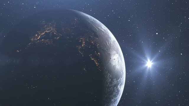 Earth sunrise seen from outer space, vfx, after effects, blender, maya, autodesk. half night half day with clouds