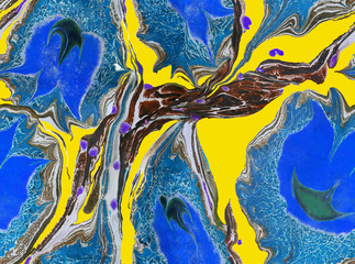 Ebru tulips, fantasi flowers, abstract seamless pattern, blue colors, yellow backround