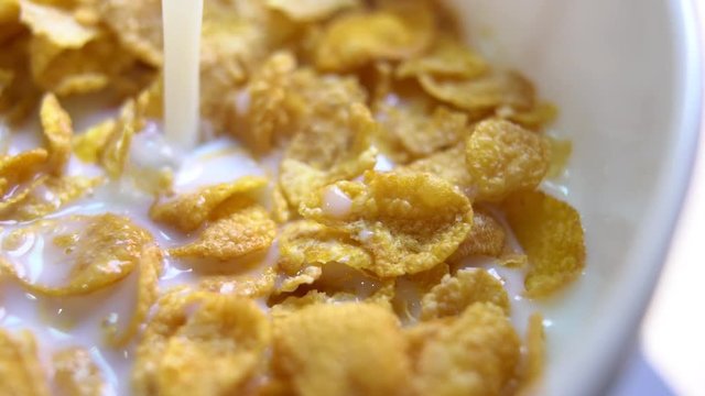 Healthy breakfast with corn flakes and milk on wooden table, Top view