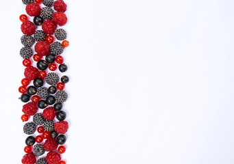 Mix of fresh berries in a raw on the left side on the white background, copy space
