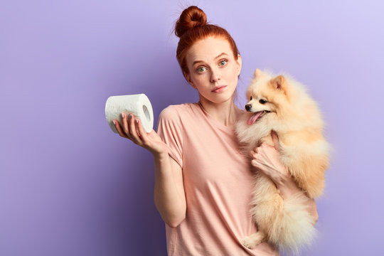 puzzled girl doesn't know how to teach her pet to clean after itself , toilet training.close up portrait, isolated blue background, studio shot.