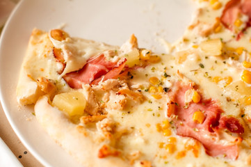 Pizza on a white plate.