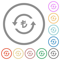 Turkish Lira pay back flat icons with outlines