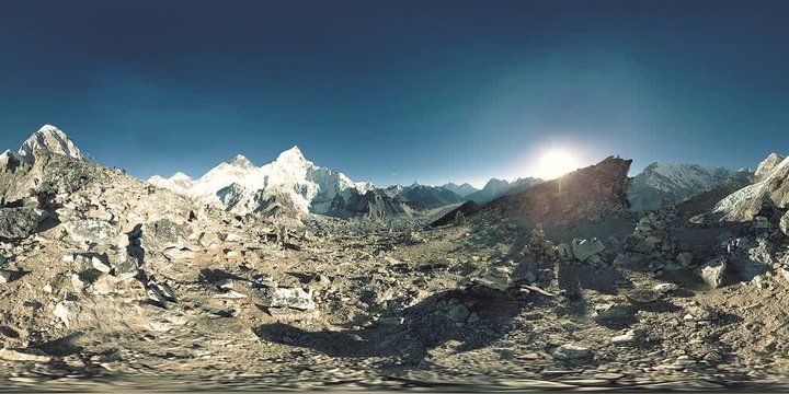 360 vr panoramic view of sunset over Kala Patthar. Mount Everest and Khumbu valley, Nepal of the Himalayas. Gorak Shep
