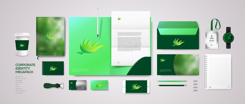 Corporate branding identity template. Stationery megapack design vector mockup with logo and colorful background. Premium set for business. Natural green colors on folder and envelope.