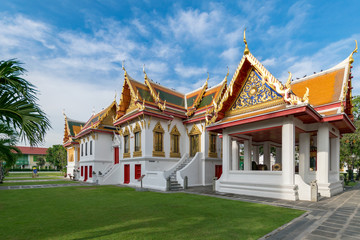 Bangkok, Thailand Dec. 1, 2017 : Songphanuad Hall , Phrathinanagsongphanuad at the Marble Temple, Wat Benchamabophit Dusitvanaram with blue sky background , Bangkok THAILAND