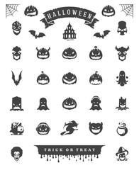 Halloween celebration icons and objects set retro style vector illustration.