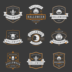 Happy halloween labels and badges design set vintage typography templates for greeting cards banners vector illustration