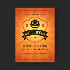 Halloween party flyer celebration night party poster design vintage typography template vector illustration and pumpkin