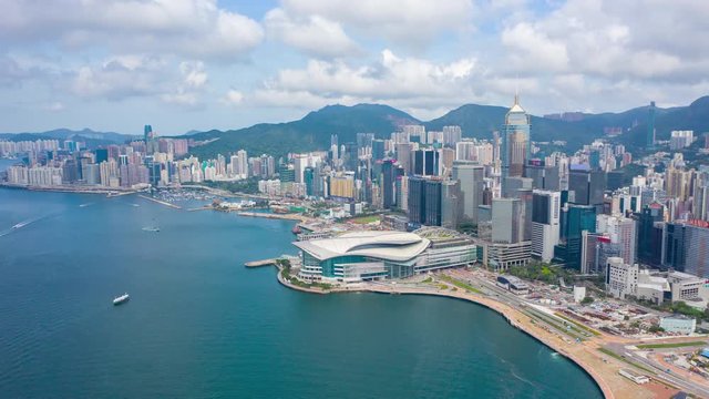 aerial view hyperlapse 4k video of Victoria Harbour in Hong Kong. hyperlapse in hong kong city.