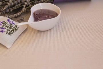 the lavender jam on wooden background with pouch  for kitchen service concept