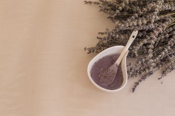 the lavender jam on wooden background with pouch  for kitchen service concept