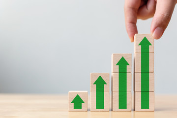 Ladder career path for business growth success process concept.Hand arranging wood block stacking...
