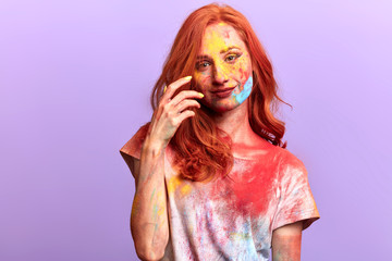 cheerful bautiful hipster girl having fun at summer camp. isolated violet background, studio shot, people concept