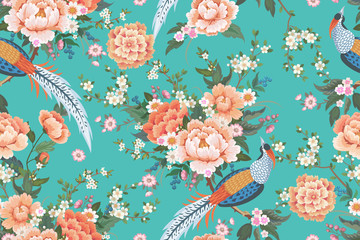 Beautiful seamless pattern with diamond pheasant sitting on peony branch with blooming sakura,plum and daisies for summer dress in Chinese style © Maria