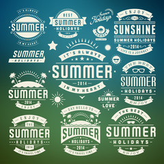 Summer design elements and symbols typographic labels and badges set vector illustration.