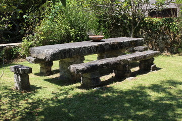 bench, nature, green, garden, trees, landscape, seat,  old,  summer, outdoor, stone table,