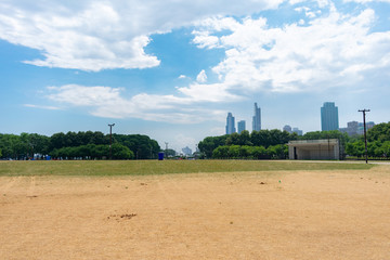 Wide Open Field with Skyscrapers in the Background at Grant Park in Chicago