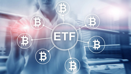 Bitcoin ETF cryptocurrency trading and investment concept on double exposure background