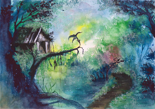  Watercolor picture of a fairy tale house on the giant tree branch in green woods