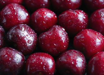 Red cherries in water drops close-up. Cherry berry background. Berry pattern and texture. Food background. Fresh ripe berries.