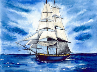 Fototapeta na wymiar Watercolor picture of a tall ship in the blue water with white clouds and aquamarine ocean waves