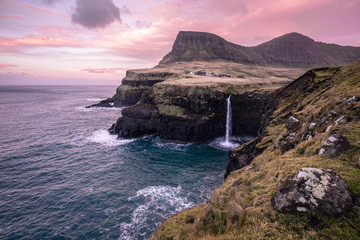 Fototapeta na wymiar Sunrise at Gasadalur - Faroe Islands - WInter